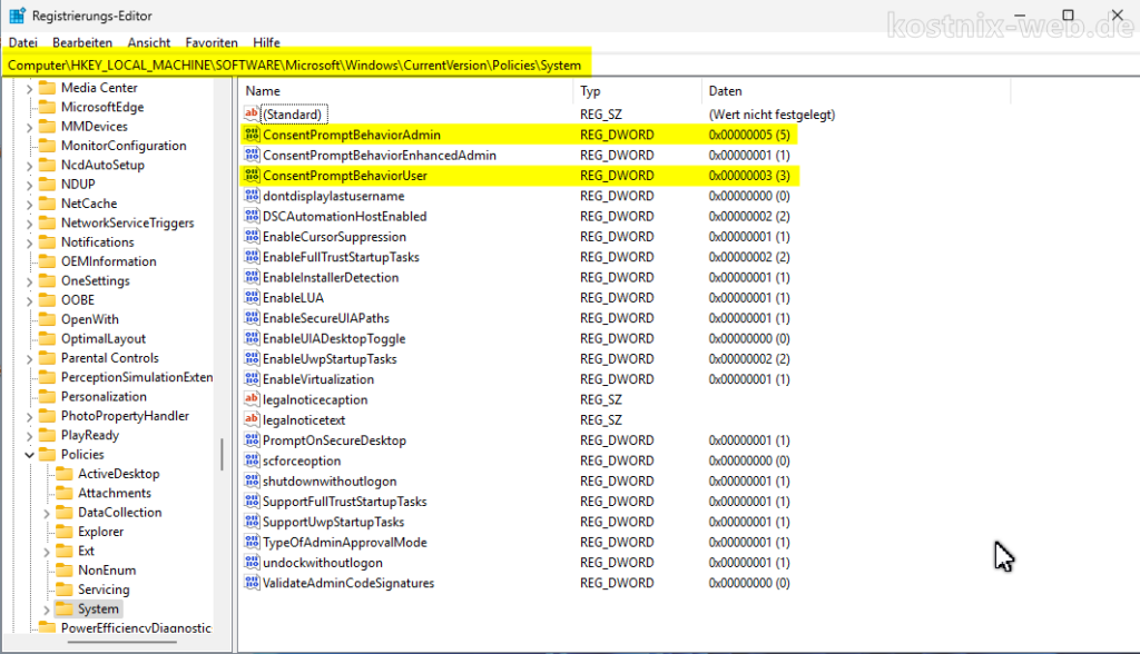 Registrierungseditor, Benutzerkontensteuerung, Einstellungen ändern
HKEY_LOCAL_MACHINESOFTWAREMicrosoftWindowsCurrentVersionPoliciesSystem