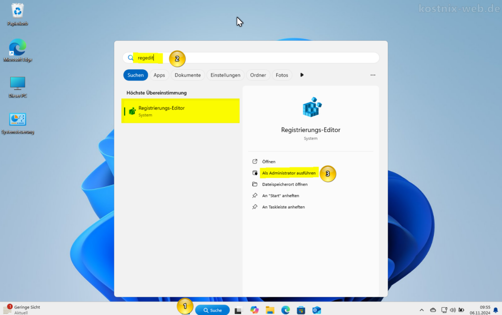 Registrierungseditor über die Windows-Suche mit "regedit" öffnen.