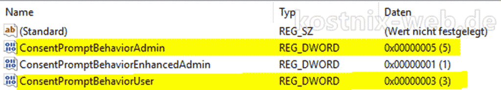 Registrierungseditor, Benutzerkontensteuerung, UAC-Schlüssel, Einstellungen ändern