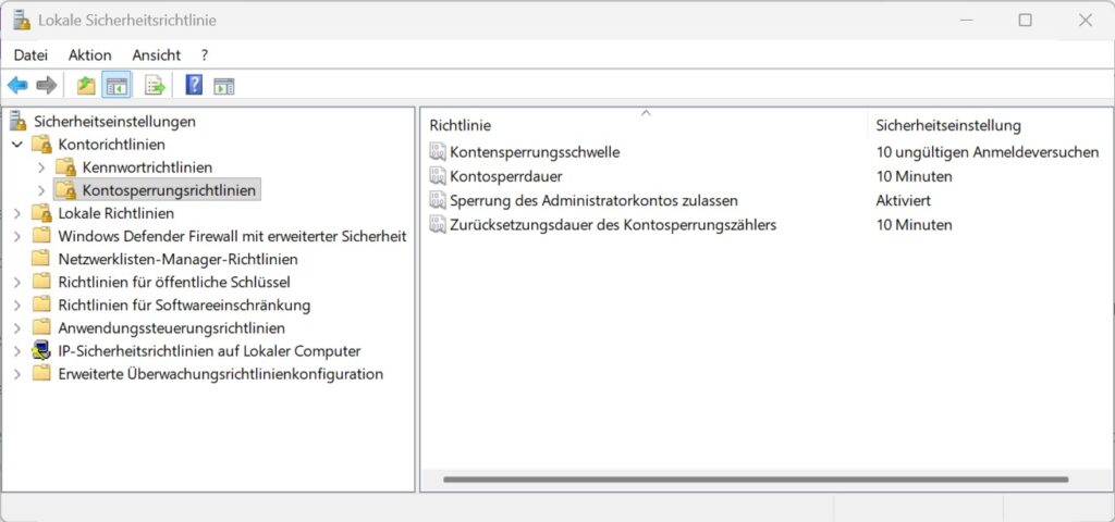 Kontosperrungsrichtlinien in der Lokalen Sicherheitsrichtlinie von Windows 11