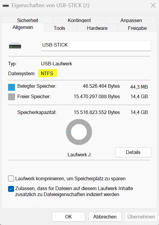 Eigenschaften des USB-Sticks nach der Konvertierung mit Dateisystem NTFS