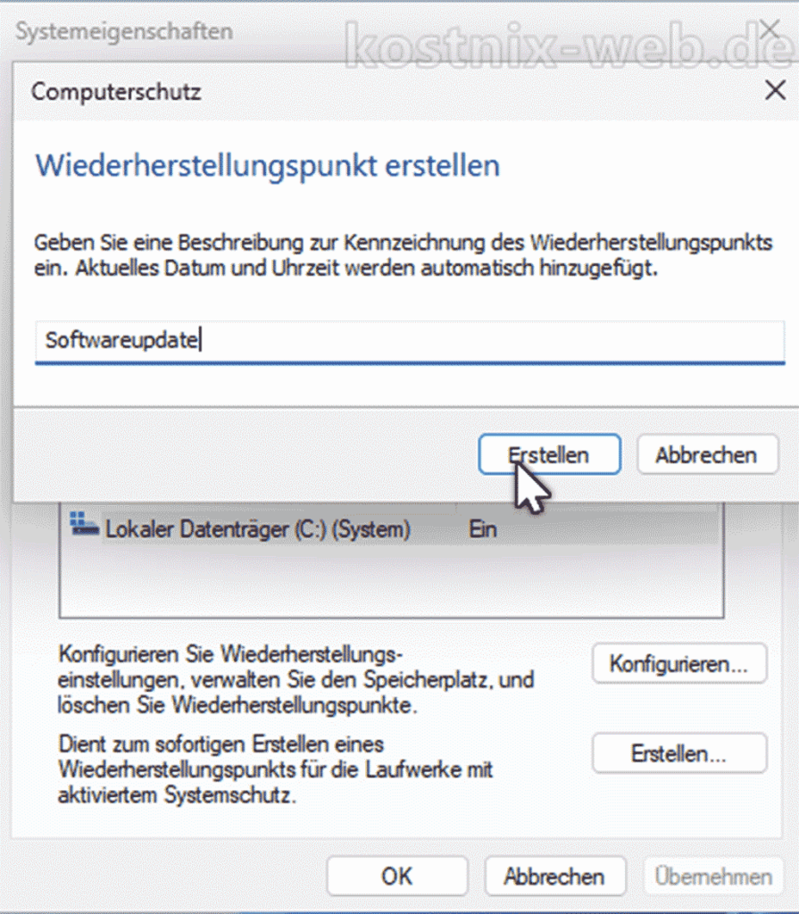 Wiederherstellungspunkt benennen und erstellen