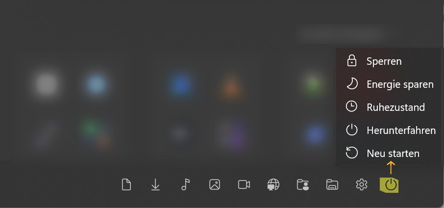 Windows 11 Ausschaltmenü mit Energie sparen, Ruhezustand, Herunterfahren und Neu starten