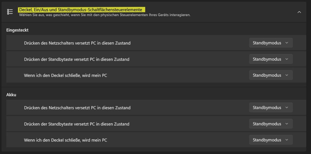 Windows 11 Verhalten von Netzschalter, Standbytaste und Notebookdeckel einstellen