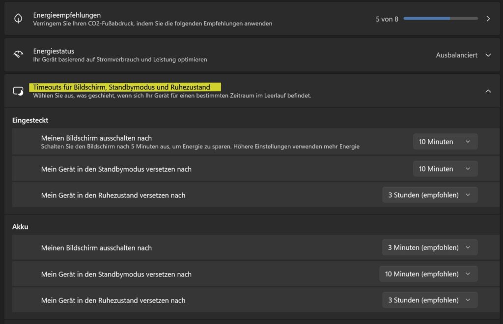 Windows 11 Zeit für Standby und Ruhezustand einstellen