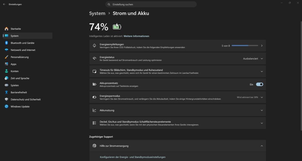 Windows 11 Einstellungen unter System – Strom und Akku