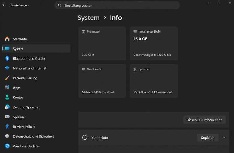 Windows 11 Systeminformationen mit installiertem Arbeitsspeicher