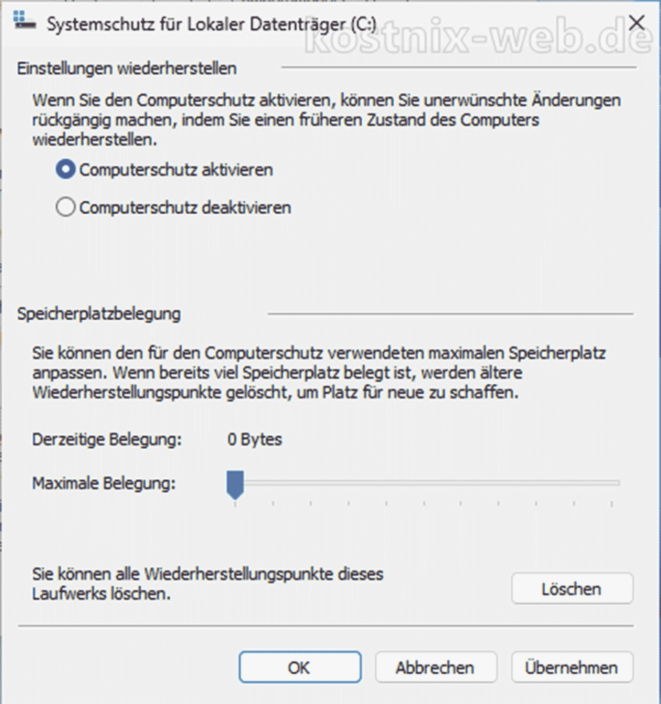 Windows Computerschutz für Laufwerk C aktivieren und Speicherplatz festlegen