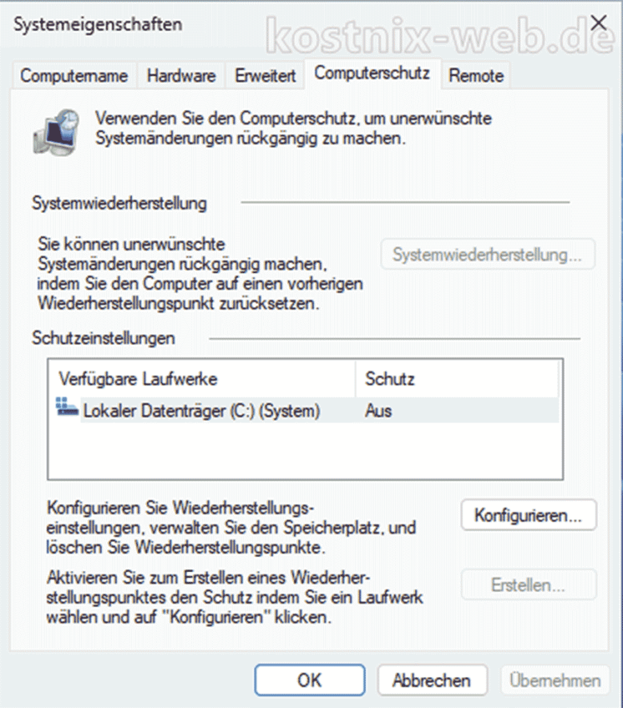 Windows Computerschutz für Systemlaufwerk C deaktiviert