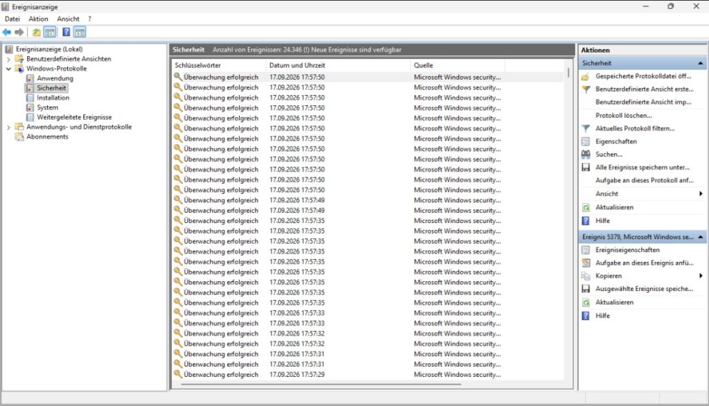 Windows-Ereignisanzeige mit geöffnetem Sicherheitsprotokoll