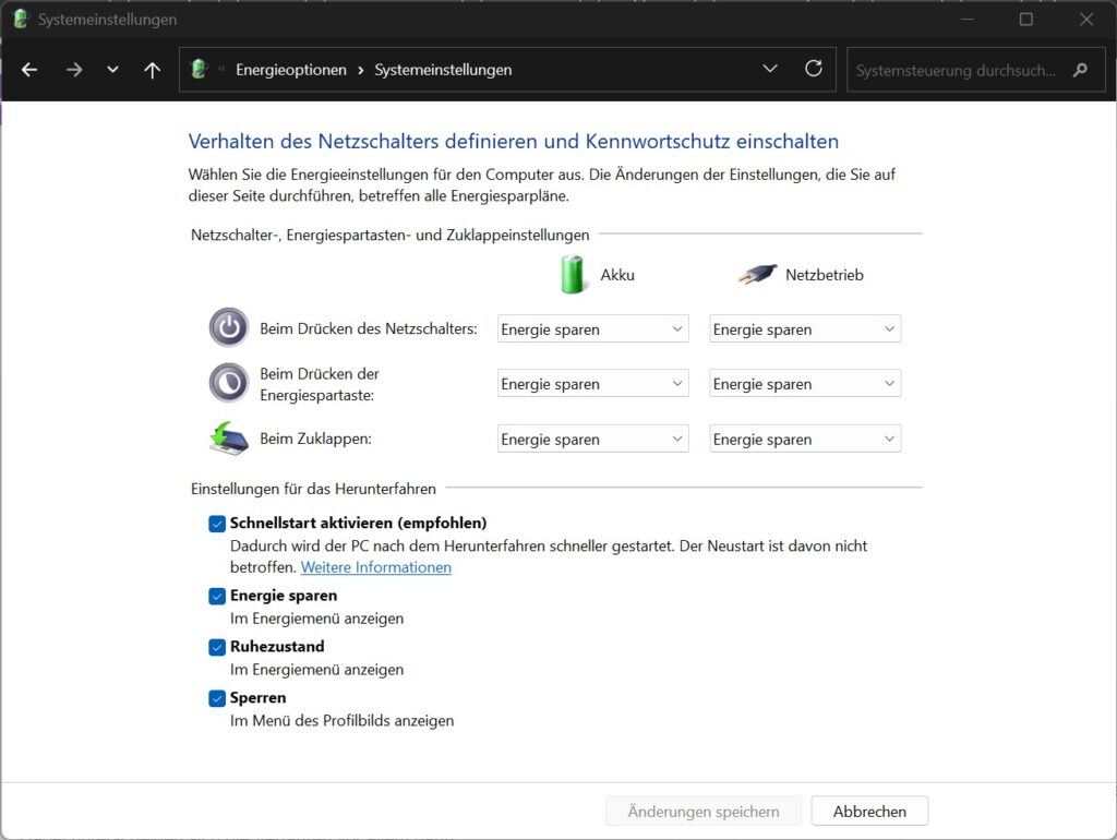 Ruhezustand im Energiemenü von Windows anzeigen