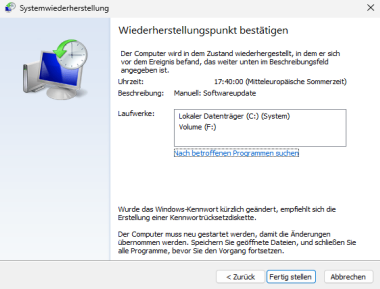 Windows Systemwiederherstellung vor dem Start bestätigen
