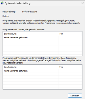 Windows Systemwiederherstellung zeigt betroffene Programme und Treiber