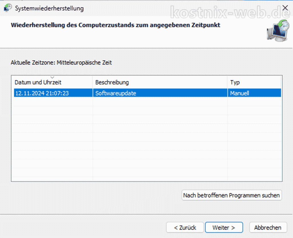 Windows Systemwiederherstellung mit ausgewähltem Wiederherstellungspunkt