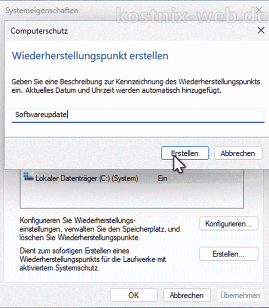 Windows Wiederherstellungspunkt benennen und erstellen