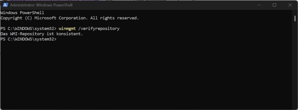 WMI-Repository unter Windows 11 mit winmgmt verifyrepository überprüfen