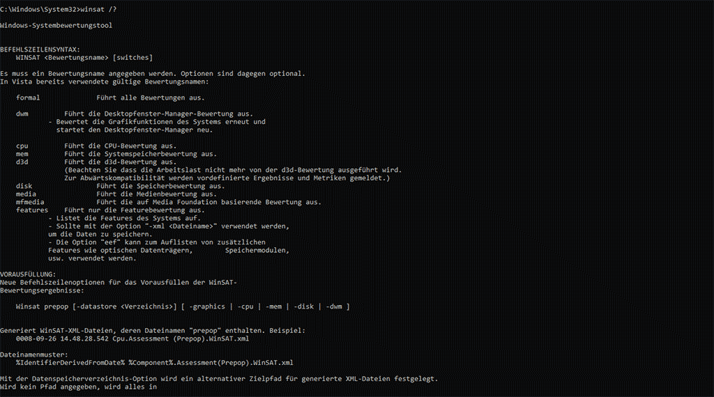 CMD-Befehl winsat /? - Überblick über Funktionen und Befehle