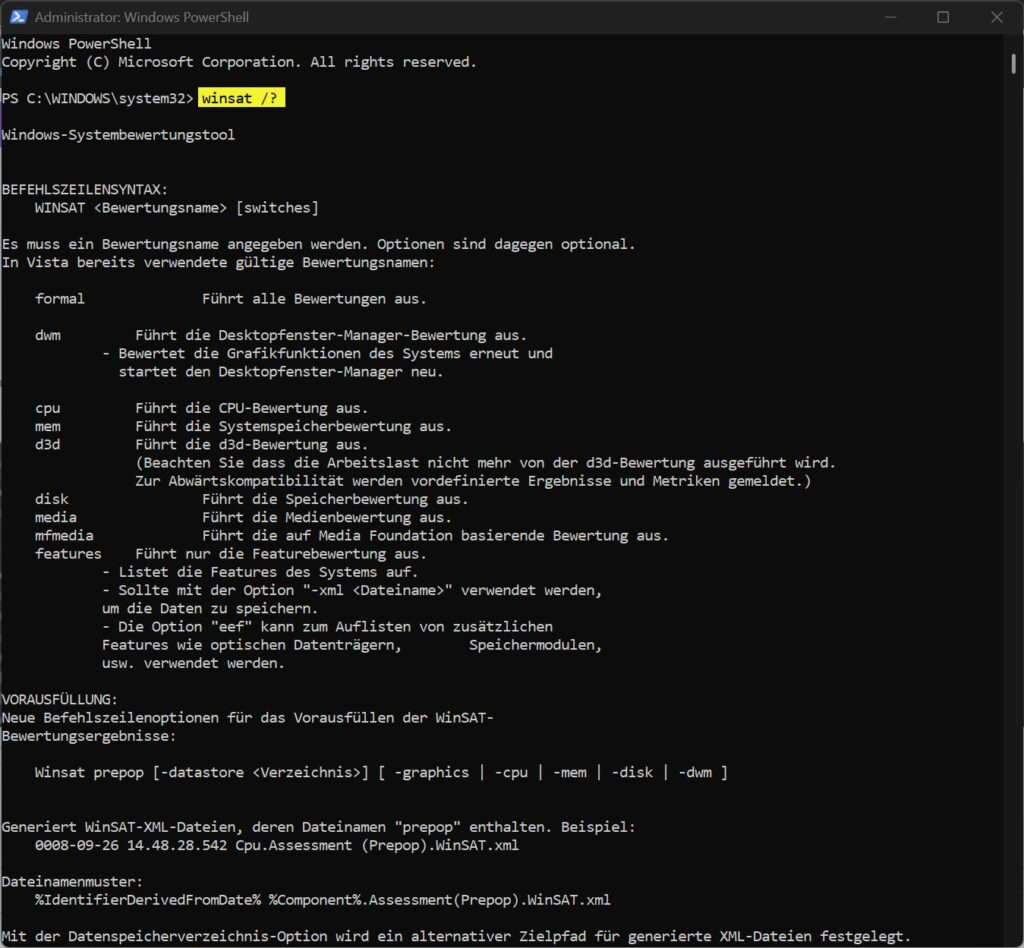 WinSAT-Hilfe in PowerShell mit Übersicht der verfügbaren Bewertungsbefehle