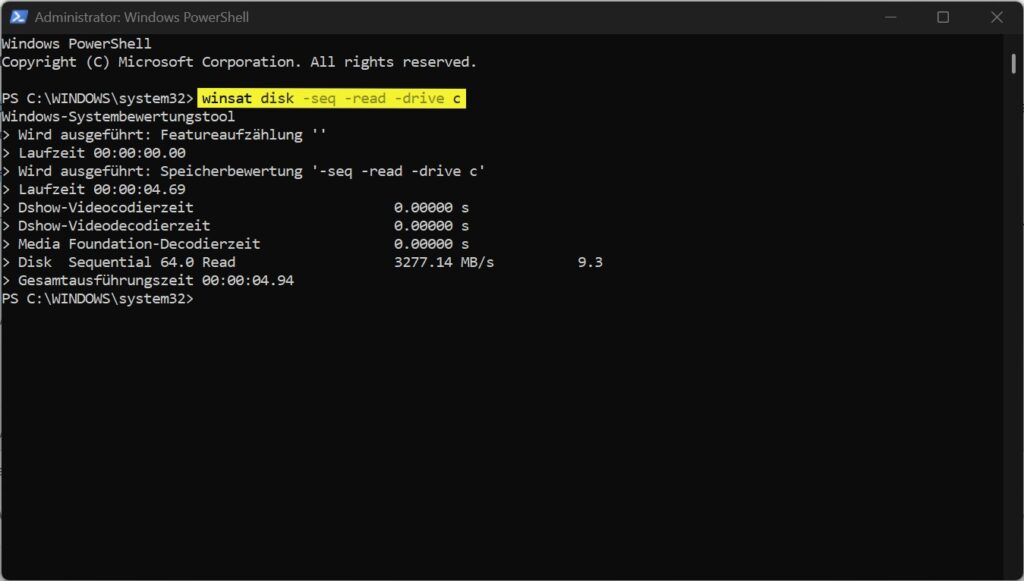 WinSAT misst die sequenzielle Lesegeschwindigkeit von Laufwerk C in PowerShell