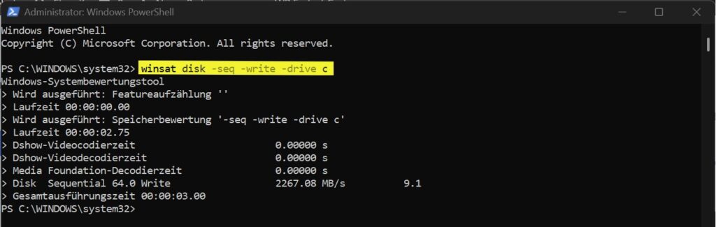 WinSAT misst die sequenzielle Schreibgeschwindigkeit von Laufwerk C in PowerShell