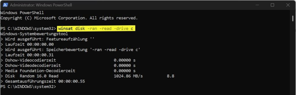 WinSAT misst die zufällige Lesegeschwindigkeit von Laufwerk C in PowerShell