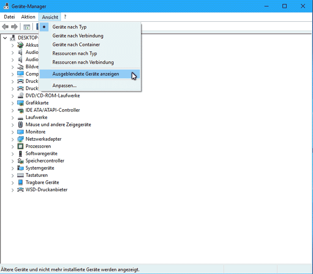 Gerätemanager mit inaktiven ausgegrauten Geräten / Gerätetreibern