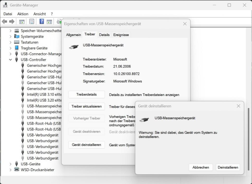 Gerätemanager - Gerät deinstallieren - Warnung