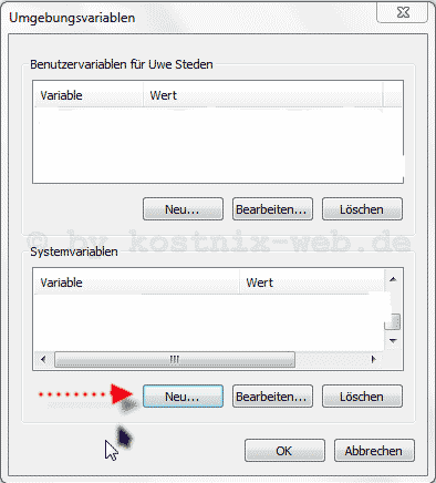 Systemeigenschaften - Erweitert -Umgebungsvariablen - Systemvariablen - Neu