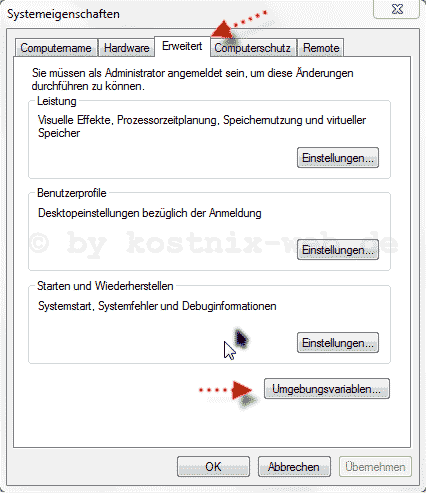 Systemeigenschaften - Erweitert - Umgebungsvariablen