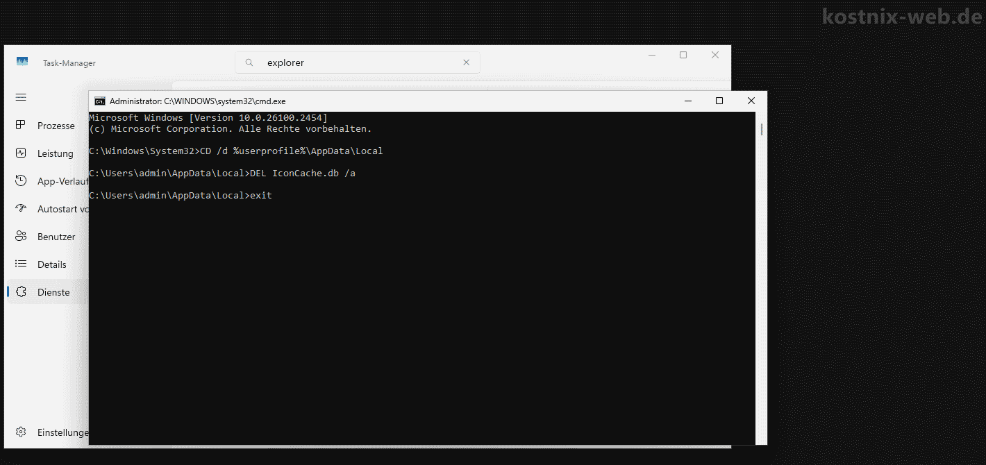 CMD CD /d %userprofile%\AppData\Local (dann Enter drücken) DEL IconCache.db /a (dann Enter dücken) EXIT (dann Enter drücken)