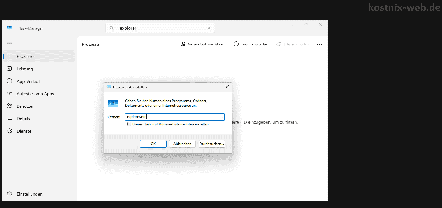 Neuer Task - explorer-exe - starten