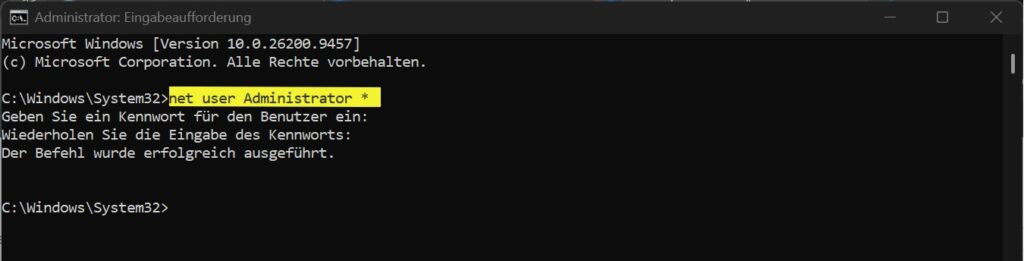 Eingabeaufforderung mit dem Befehl net user Administrator Stern zum sicheren Festlegen eines Kennworts