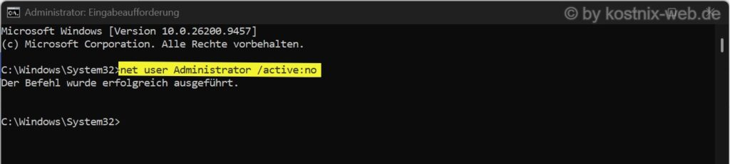 Eingabeaufforderung mit dem Befehl net user Administrator /active:no zum Deaktivieren des integrierten Administratorkontos