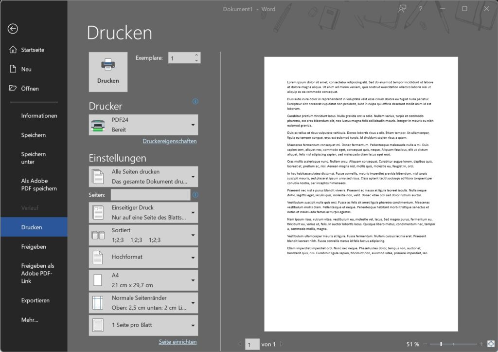 PDF24-Drucker im Druckdialog von Microsoft Word auswählen