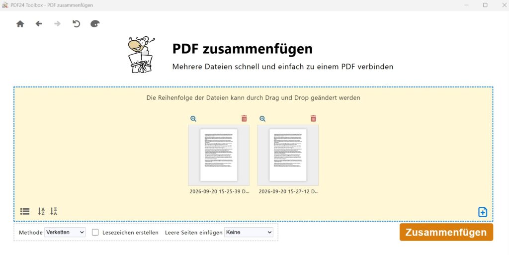 PDF24 Creator mit dem Werkzeug PDF zusammenfügen und der Schaltfläche Dateien wählen