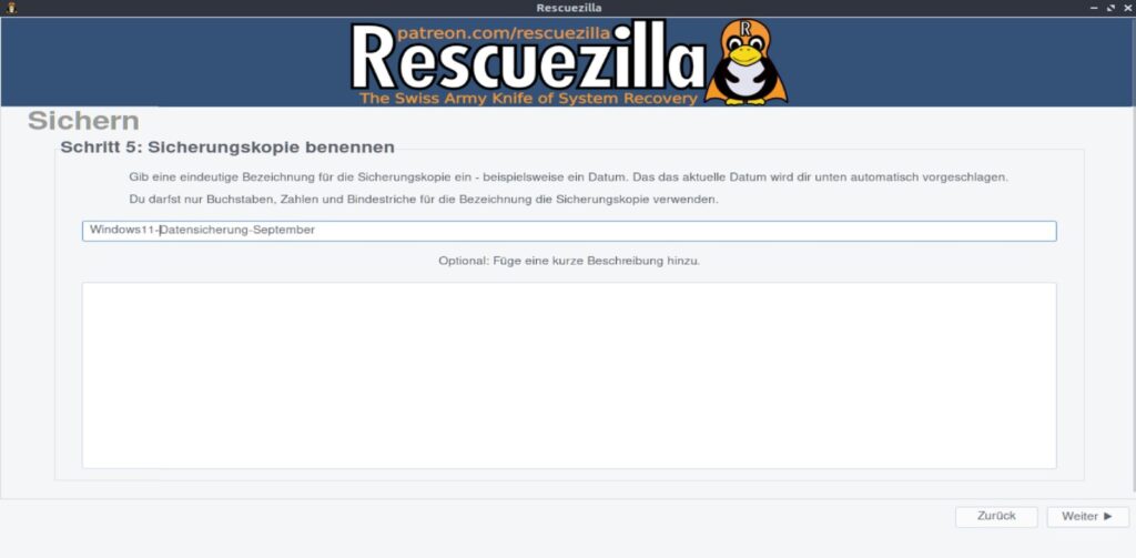 Rescuezilla Backup – Namen für die Sicherung festlegen
