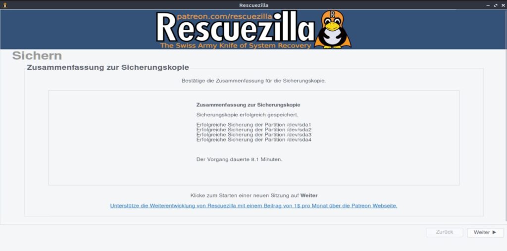 Rescuezilla bestätigt die erfolgreiche Sicherung aller ausgewählten Windows-Partitionen