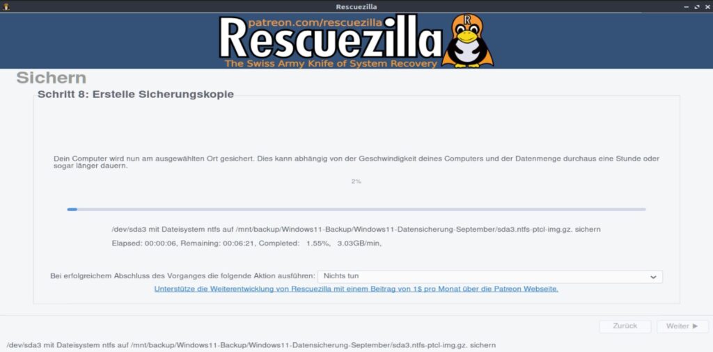 Rescuezilla erstellt ein Windows-Systemabbild und zeigt den Fortschritt der Sicherung an