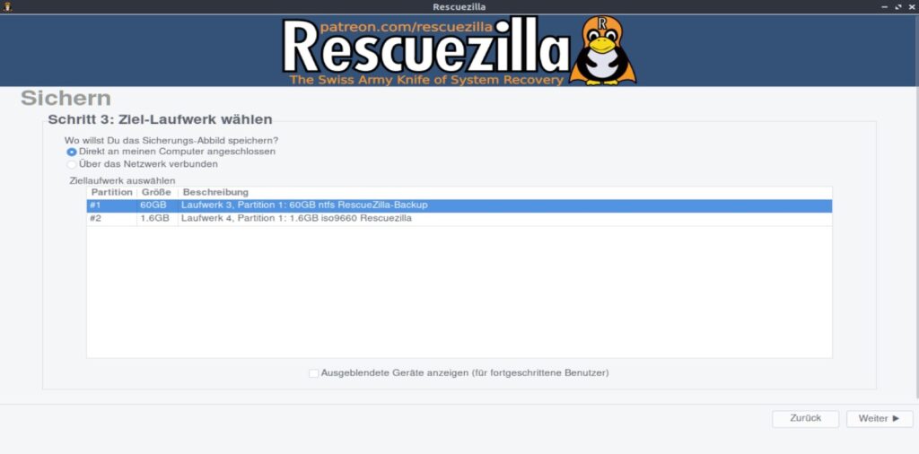 Rescuezilla Backup – 60-GB-NTFS-Laufwerk als Ziel für das Sicherungsimage auswählen