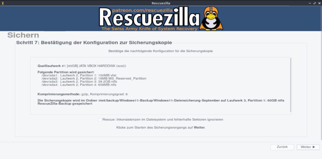 Rescuezilla Backup – Zusammenfassung mit Quelllaufwerk, Partitionen, Komprimierung und Backup-Ziel