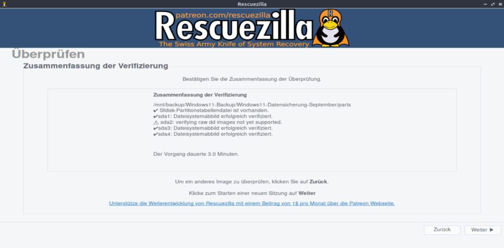 Rescuezilla zeigt das Ergebnis der Image-Überprüfung mit erfolgreich verifizierten Partitionen und einem nicht unterstützten Raw-Image