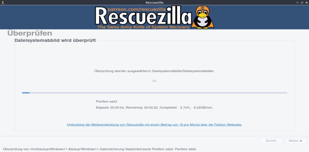 Rescuezilla überprüft ein zuvor erstelltes Windows-Systemimage