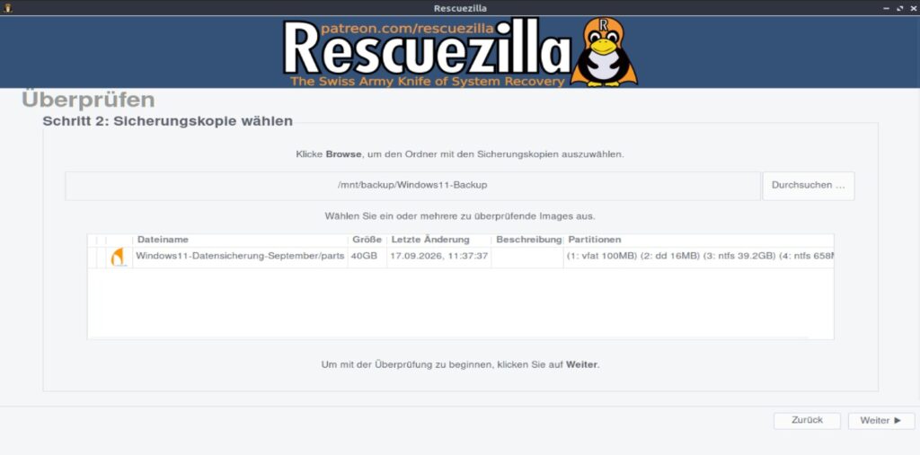 Rescuezilla Verify Image – vorhandenes Windows-Backup zur Überprüfung auswählen
