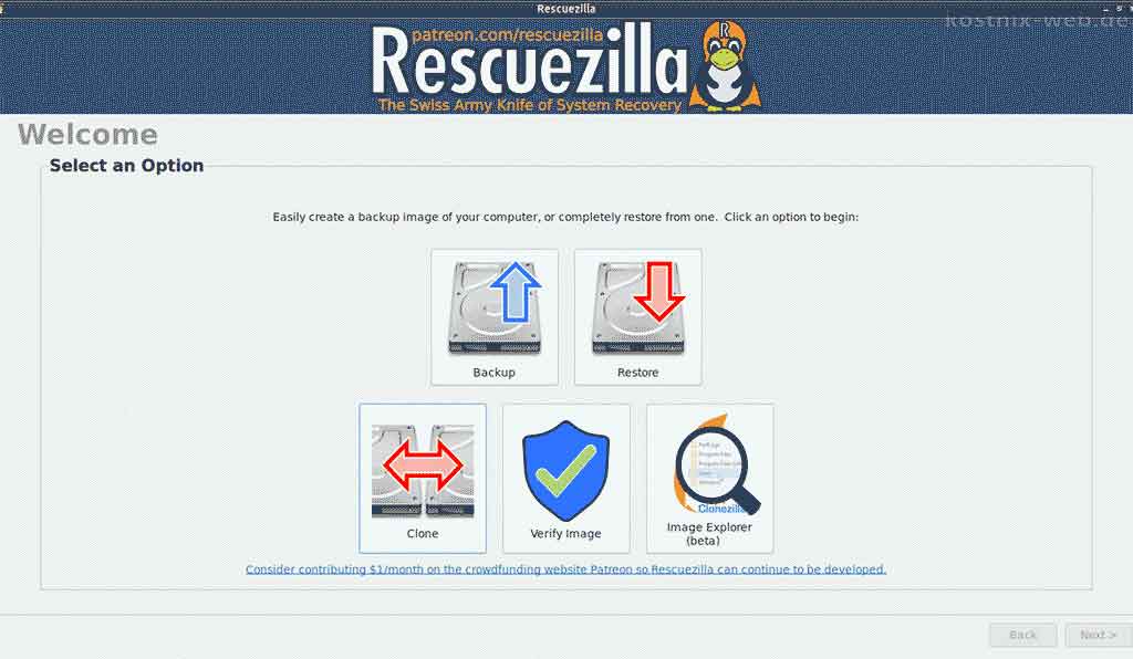 Rescuezilla-Programmoberfläche mit Backup, Restore, Clone, Verify Image und Image Explorer
