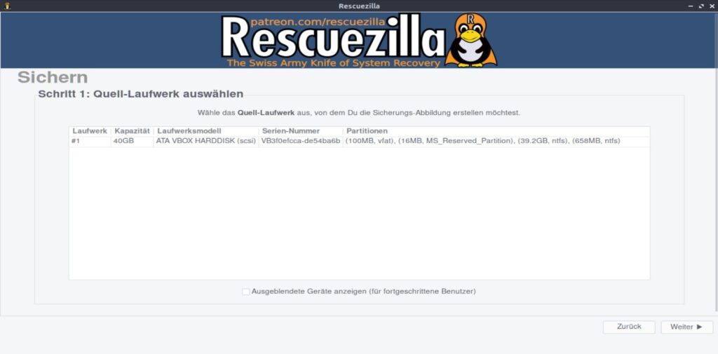 Rescuezilla Backup – Windows-Quelllaufwerk mit mehreren Systempartitionen auswählen