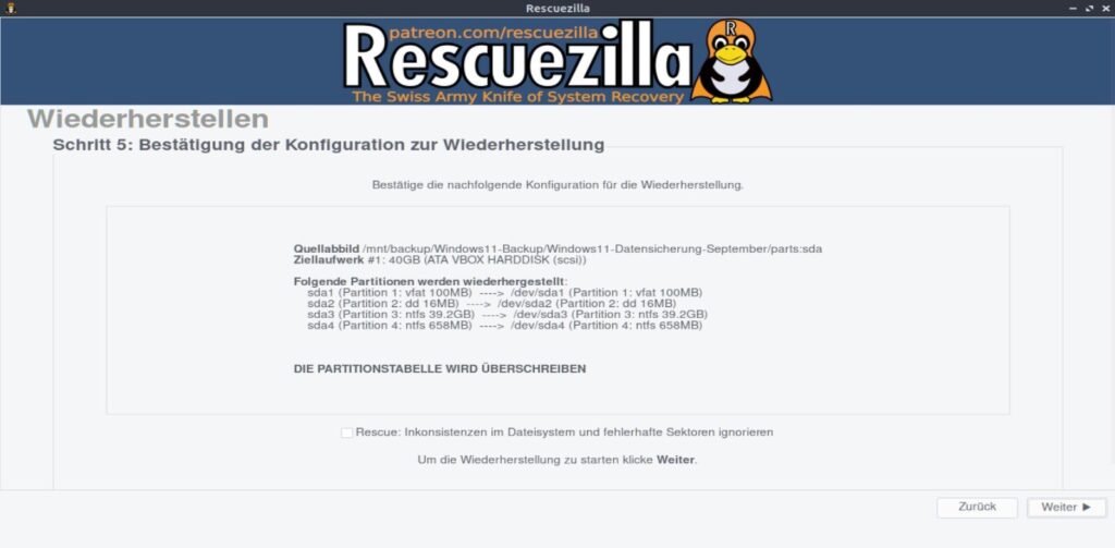 Rescuezilla Restore – letzte Bestätigung vor dem Überschreiben des Ziellaufwerks