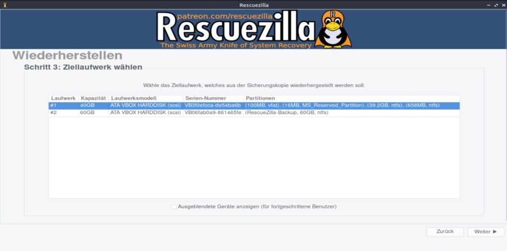 Rescuezilla Restore – Ziellaufwerk für die Wiederherstellung auswählen