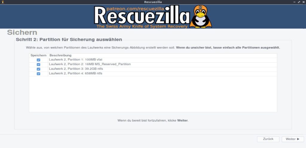Rescuezilla Backup – alle zum Windows-System gehörenden Partitionen für die Sicherung auswählen