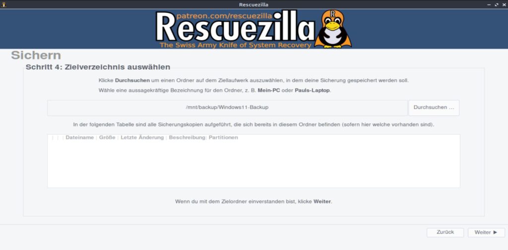 Rescuezilla Backup – Zielordner Windows11-Backup für das Sicherungsimage auswählen