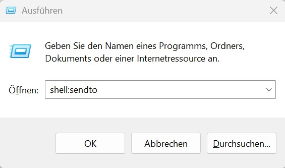 Ausführen-Dialog unter Windows 11 mit dem Befehl shell:sendto
